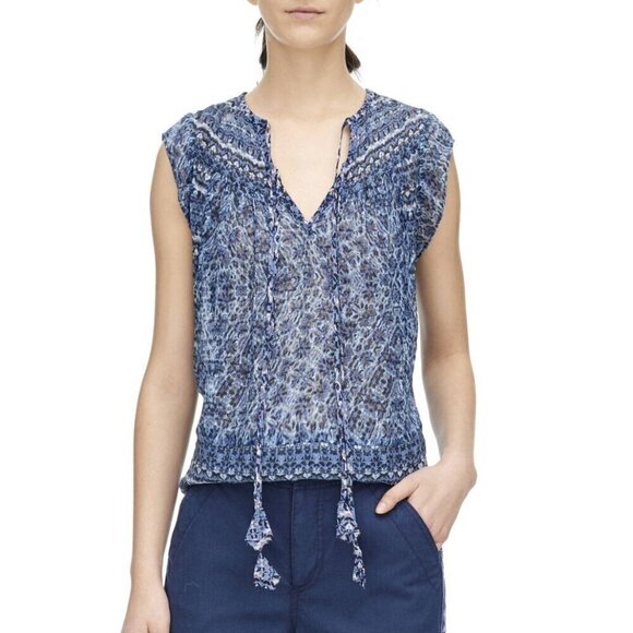 Rebecca Taylor Silk Cotton Blouse Womens 0 Blue Sleeveless Paisley Peasant Top - Picture 6 of 7